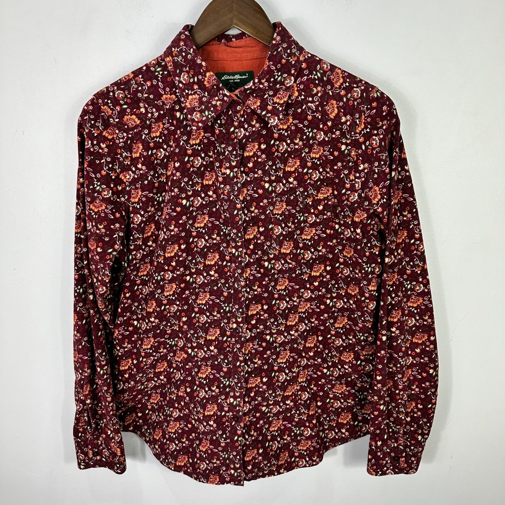 Vtg Eddie Bauer Corduroy Button Up Shirt Floral Womens Medium‎ Cottage Boho
